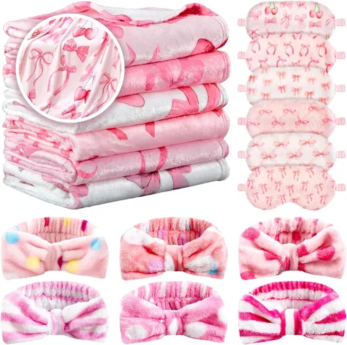 Miniatura 8 de Fanfanwin 18 piezas de suministros de fiesta de pijamas para niñas, 6 estilos lindos degradados, 6 diademas de forro polar coral para spa, 6