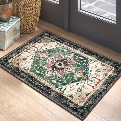 Miniatura 9 de Yamaziot Tapete lavable de 2 x 3 pulgadas, para entrada pequeña, antideslizante, estilo bohemio vintage, reverso de goma, lana sintética de pelo