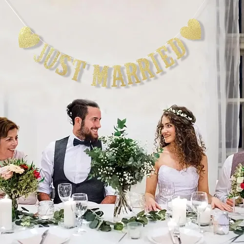 Miniatura 4 de Banner dorado con purpurina de recién casado – Cartel de boda DIY Just Married – Cartel Just Married para decoración de despedida de soltera