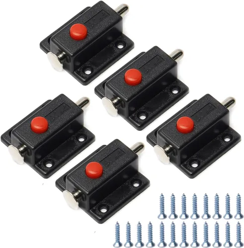 Miniatura 10 de MroMax Pestillo de perno de puerta con resorte, cierre deslizante de plástico ABS negro con botón de interruptor para puerta, gabinete, accesorios