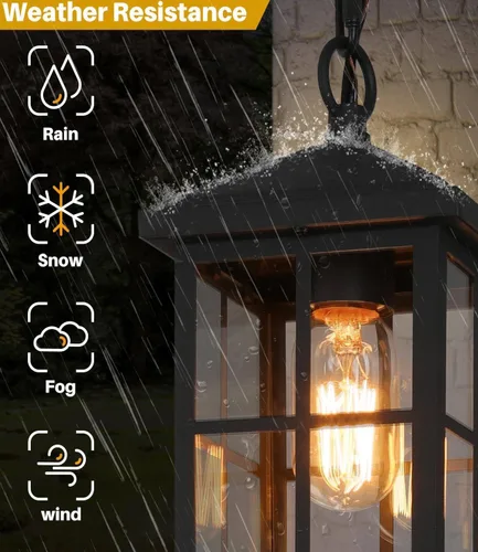 Miniatura 5 de Lámpara colgante para exteriores, luces colgantes exteriores de granja con cadena ajustable, luz de techo negra para exteriores con vidrio