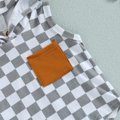 Miniatura 18 de Conjunto de ropa de verano para bebé niño y niño, diseño a cuadros, manga corta, sudadera con capucha y pantalones cortos casuales