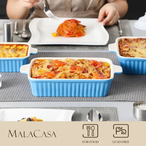 Miniatura 4 de MALACASA Cacerola para horno, platos de cerámica para hornear, juegos de 4 platos de cerámica, sartenes rectangulares para lasaña profundas con asas
