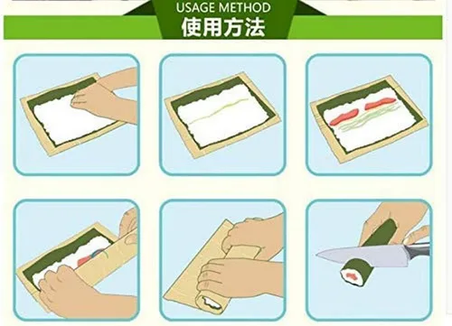 Miniatura 7 de JapanBargain, Kit de fabricación de sushi, 2 alfombrillas de bambú verde con paleta de arroz y esparcidor, juego de rodillos de sushi japonés