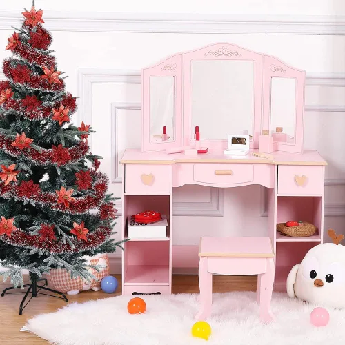 Miniatura 5 de Tocador de maquillaje para niños, mesa y silla para niñas con espejo y cajón, regalo para edades de 4 a 9 años, color rosa