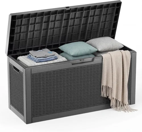 Miniatura 29 de EasyUp Caja de almacenamiento al aire libre de 30 galones, caja de resina para muebles, herramientas de jardín, cajas de almacenamiento exteriores