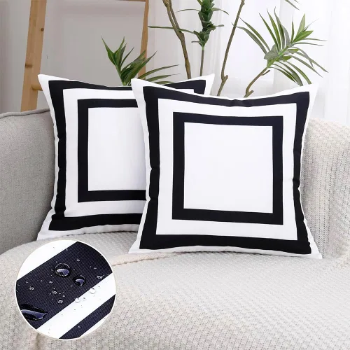 JOJOGOGO Juego de 2 fundas de almohada blancas para exteriores, impermeables, de 18 x 18 pulgadas, color blanco y negro, decorativas para Borde negro