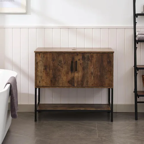 Miniatura 47 de UEV Tocador de Baño de Roble Rústico de 24" con Lavabo, Conjunto de Gabinete de Baño con Marco de Hierro Industrial con Puertas y Estante, con Combo