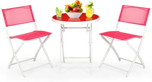Miniatura 8 de HAPPYGRILL Juego de 3 piezas de bistró plegable para patio, juego de silla y mesa plegable al aire libre con tela transpirable, mesa de vidrio Negro