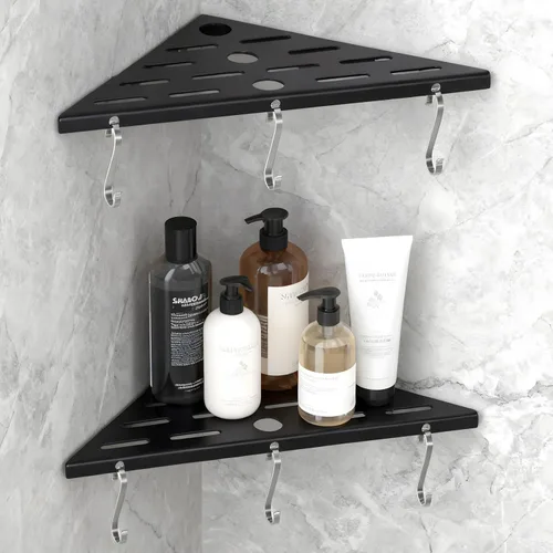 Miniatura 10 de Paquete de 2 estantes esquineros de ducha, estantes de baño de acero inoxidable 304 de 10 pulgadas con 6 ganchos, capacidad resistente, resistente