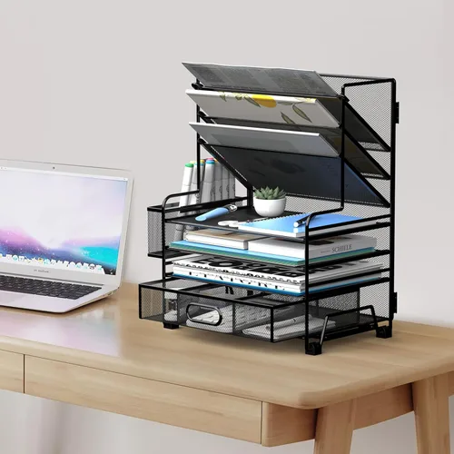 Miniatura 6 de MINDEPOT Organizador de papel de 4 niveles + soporte para archivos de 3 bolsillos + cajón + soportes para bolígrafos, organizador de archivos