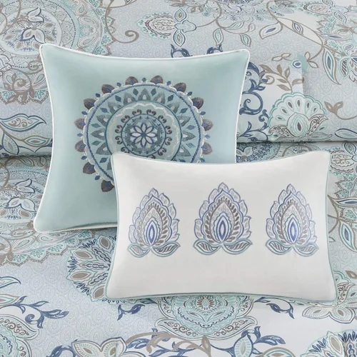 Miniatura 9 de Madison Park Juego de temporada, falda de cama a juego, almohadas decorativas, Queen (90 x 90 pulgadas), Isla, medallón floral azul, 8 piezas