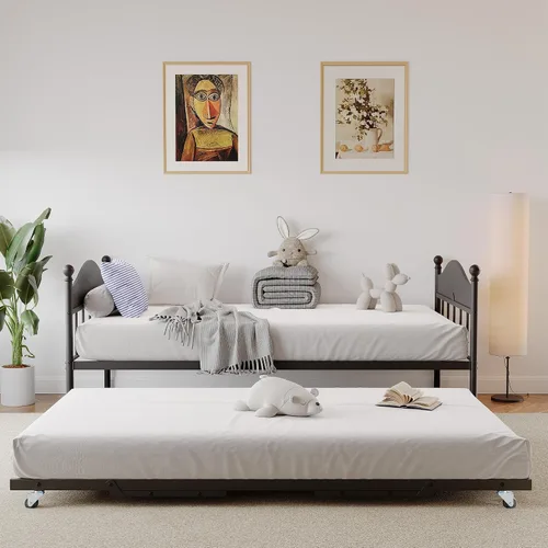Miniatura 8 de IDEALHOUSE Sofá cama individual de metal con nido desplegable, cama de plataforma de listones de acero resistente con cabecera elegante, marco