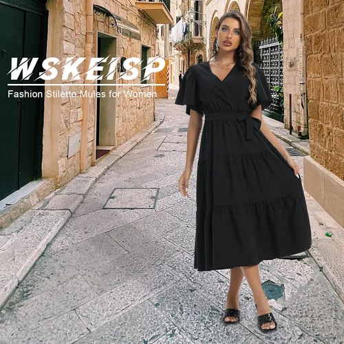 Miniatura 5 de WSKEISP - Sandalias abiertas de tacón alto de aguja y puntera cuadrada abierta, para mujer
