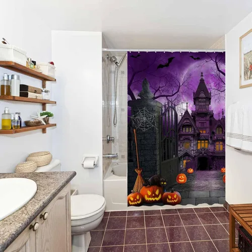 Miniatura 5 de Allenjoy Cortina de ducha de Halloween de 72 x 72 pulgadas para baño, juego de cortina de ducha de noche aterradora, luna gótica, casa encantada