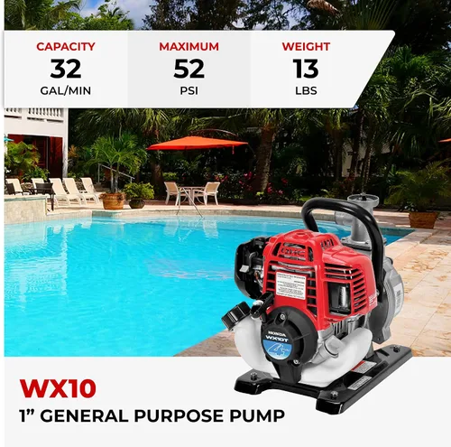 Miniatura 2 de Honda Power Equipment WX10 Bomba de agua de 52 PSI de 4 tiempos con adaptador de manguera, manguera de succión, abrazaderas y colador, motor