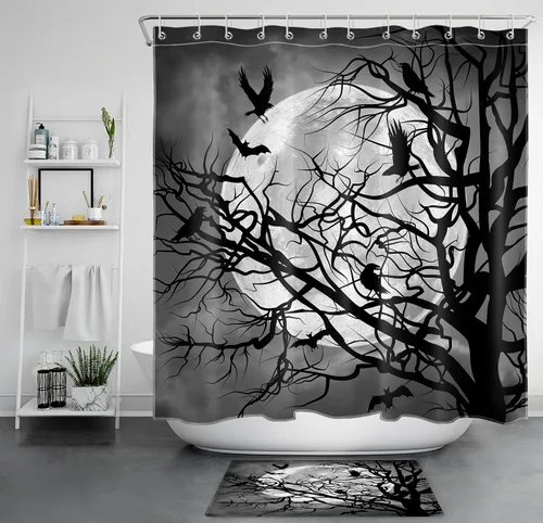 Miniatura 34 de EOBTAIN Cortina de ducha de Halloween, cortina de baño de telaraña aterradora, cortina de baño simple en blanco y negro, cortina de ducha