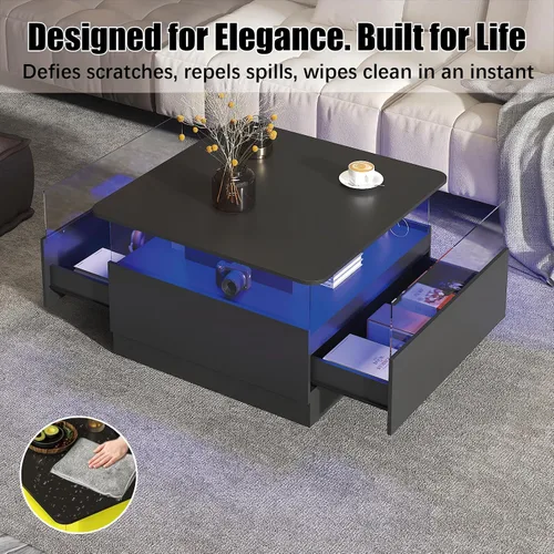 Miniatura 4 de HedoAjim Mesas de centro cuadradas con almacenamiento, mesa de centro moderna para sala de estar, mesas de centro redondas negras y 2 cajones Negro