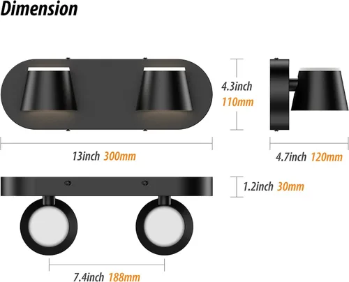 Miniatura 2 de URSOLA Luz de Tocador de Baño de 2 Luces, Accesorios de Iluminación de Pared LED Negros, Orientables Arriba y Abajo, Regulables, Accesorios