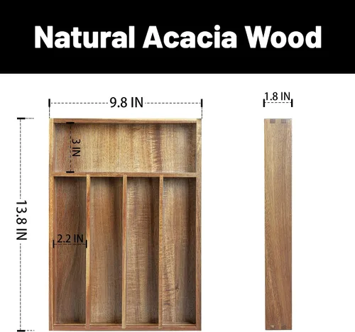 Miniatura 2 de KITEISCAT Organizador de cubiertos de madera de acacia, organizador de cajones de utensilios de cocina para tenedores, cuchillos y cucharas, bandeja
