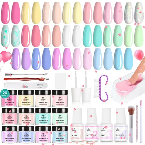 Miniatura 8 de Beetles - Kit de iniciación de uñas en polvo de inmersión, 20 colores, pastel, nude, azul, rosa, purpurina, 36 piezas, juego de polvos de inmersión