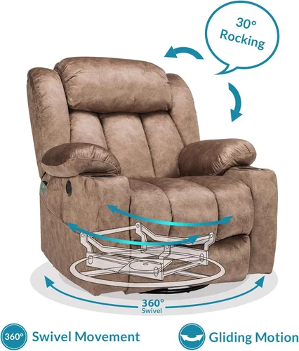 Miniatura 4 de Silla reclinable manual giratoria de 360 grados con masaje y calor, puertos USB, bolsillos laterales y portavasos, tela de terciopelo (marrón)