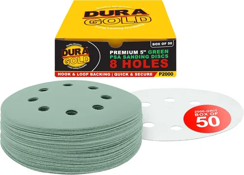 Miniatura 19 de Dura-Gold Discos de papel de lija premium de grano 220 de 5 pulgadas, patrón de 8 agujeros, sin polvo, 50 discos, soporte de gancho y bucle