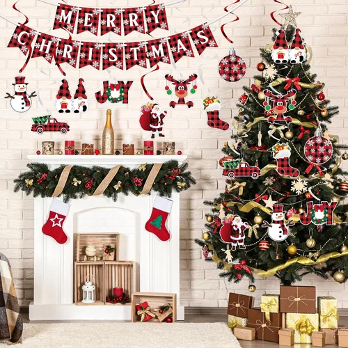 Miniatura 3 de Decoraciones Colgantes de Remolinos de Navidad - SIN DIY - Bandera de Feliz Navidad de Piqué de Búfalo, Banderines Colgantes de Techo de Navidad