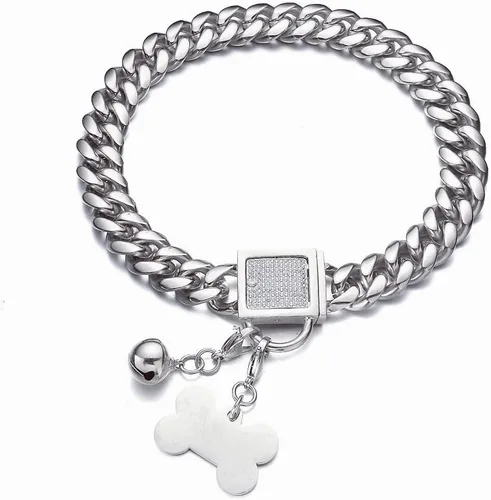 Collar plateado para perro, collar de cadena de eslabones cubanos con hebilla de circonita, etiqueta de identificación y campana, a prueba de