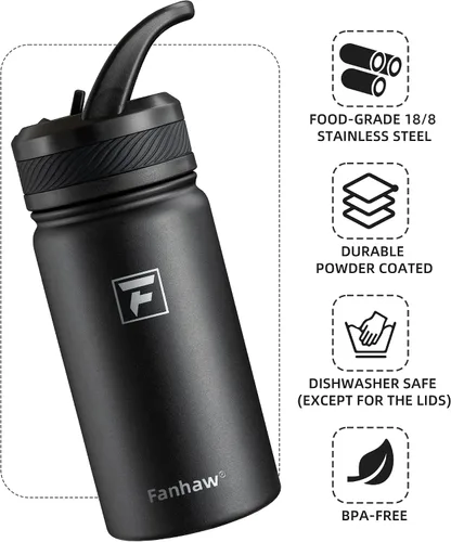 Miniatura 3 de Fanhaw Botella de agua aislada para niños de 14 onzas con tapa de pajita – Acero inoxidable de doble pared al vacío, a prueba de fugas, botellas