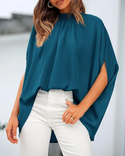 Miniatura 32 de BTFBM Blusas de verano para mujer, cuello alto falso, manga murciélago, holgadas, dobladillo alto y bajo, blusas informales de gran