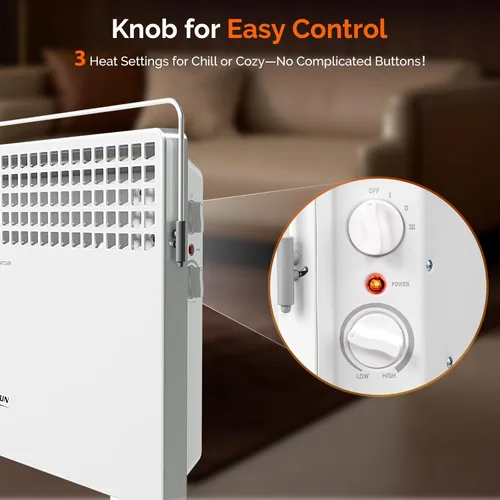 Miniatura 3 de ROVSUN Calentador de panel de 1500 W, calentador eléctrico independiente con toallero, 3 ajustes de calefacción y control de perilla