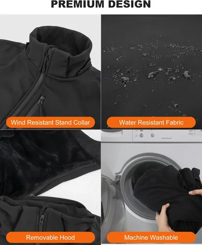 Miniatura 4 de azamine Chaqueta térmica para hombre con batería de 16000 mAh, abrigo térmico suave resistente al viento con capucha desmontable