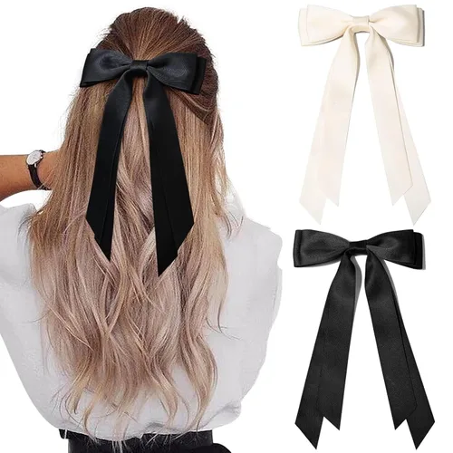 Miniatura 24 de Aileam 2 piezas lazos de cabello de satén sedoso, pinza para cabello, cinta blanca para cabello, sujetador de cola de caballo, accesorios, Blanco