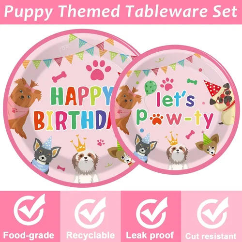 Miniatura 4 de 96 piezas de decoración de fiesta de cumpleaños con temática de perro, vajilla para fiesta de cachorros, platos de postre, servilletas, tenedores