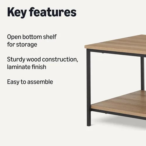 Miniatura 4 de Amazon Basics Mesa de centro rectangular con estante inferior, mesa central para sala de estar, de madera, 19.9" P x 31.5" A x 16.5" Al Roble