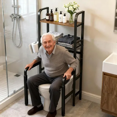 Miniatura 5 de Riel de seguridad para inodoro con almacenamiento, asas de inodoro ajustables para ancianos y personas mayores, accesorios de baño