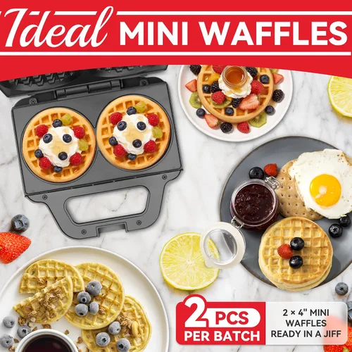 Miniatura 3 de SugarWhisk Miniwaflera Doble de 4 Pulgadas, Máquina para Hacer Waffles, Waflera Eléctrica, Plancha Pequeña para Waffles, Waffles Keto, Croquetas