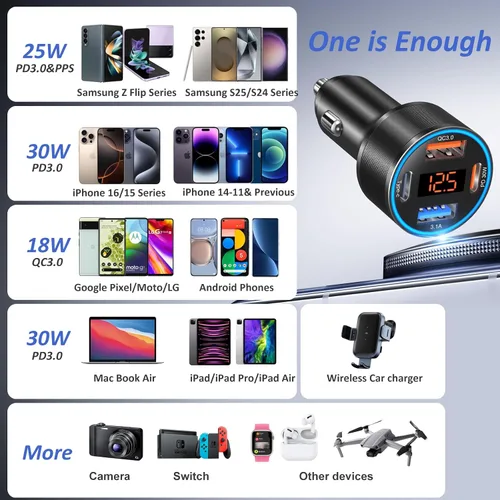 Miniatura 7 de Cargador de coche USB C, 4 puertos 65W Dual 12V USB-A y USB-C Cargador de teléfono para automóvil con voltímetro PD/QC 3.0 Cargador de encendedor
