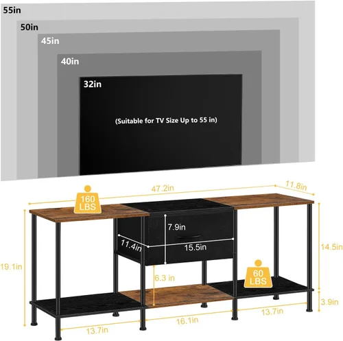 Miniatura 2 de Vrisa Soporte de TV para TV de 50/55 pulgadas con almacenamiento abierto con cajón de tela, organización de almacenamiento, soportes de TV para sala