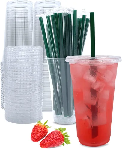 Vasos de plástico transparente de 24 onzas con tapas y pajitas, tazas de café desechables, 25 juegos