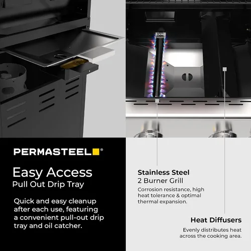 Miniatura 8 de Permasteel Parrilla de gas propano de 2 quemadores, parrilla de barbacoa con mesas laterales plegables y ganchos para herramientas, perfecta