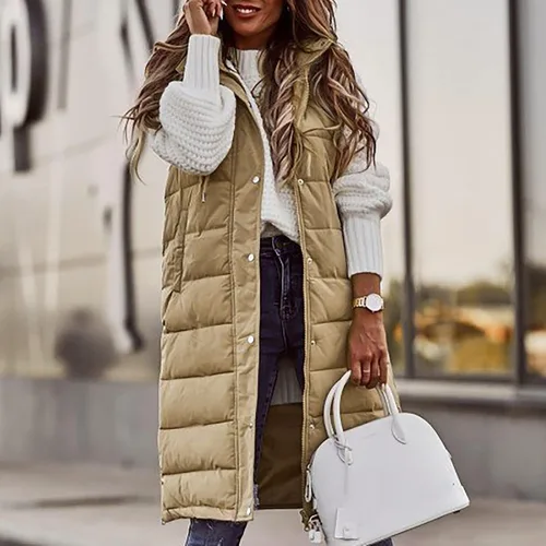 Miniatura 2 de FQZWONG Chaqueta acolchada larga para mujer, chaleco acolchado a la moda, ligero, con cremallera, sin mangas, con capucha, ropa de invierno