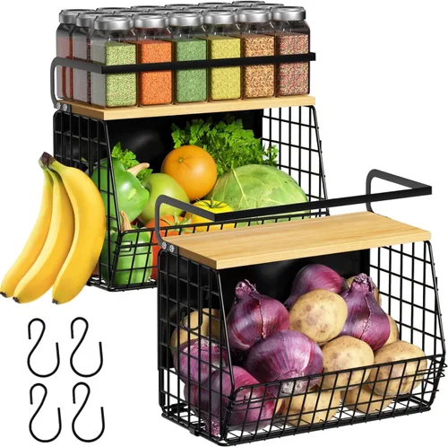 Miniatura 21 de Juego de 2 estantes magnéticos para refrigerador con tapa de madera, contenedores de almacenamiento de papas y cebollas, organizadores y Negro
