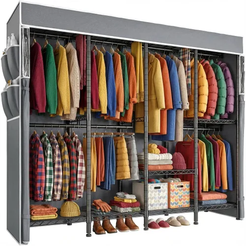 Miniatura 10 de Raybee Perchero de ropa con cubierta, perchereros para colgar ropa resistente, armario portátil con estantes, ajustable, carga de 905 LBS, negro