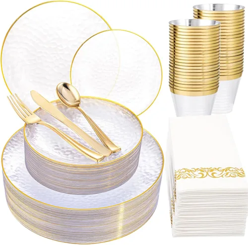 Rubtlamp Juego de vajilla de plástico de 175 piezas (25 invitados), platos de plástico transparente y dorado, platos de fiesta martillados que Claro