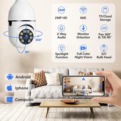 Miniatura 2 de Cámara de seguridad con bombilla 5G WiFi de doble banda, 360 grados 1080P inalámbrica para interiores a todo color, cámara domo inteligente