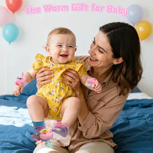 Miniatura 9 de Calcetines con Sonajero de Muñeca y Buscador de Pies para Niñas Bebé, Juguetes Sensoriales de Unicornio Rosa Esenciales para Recién Nacidos de 0 a