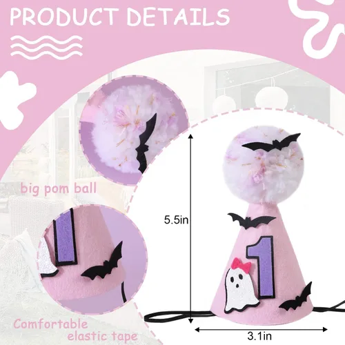 Miniatura 6 de Sombrero de fantasma rosa de Halloween para primer cumpleaños con murciélagos, corona espeluznante de un cumpleaños, bonita decoración de Halloween