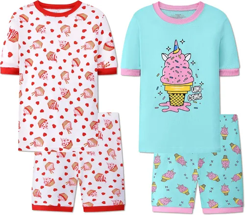 Joyond Summer Pajamas for Girls Cotton Toddler Clothes Kids Short Sleeves Snug-Fit Sleepwear Unicorn Flamingo Pjs Set